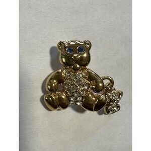 Monet Small Teddy Bear Pin Brooch, Rhinestone, Dangle Charm, Vintage